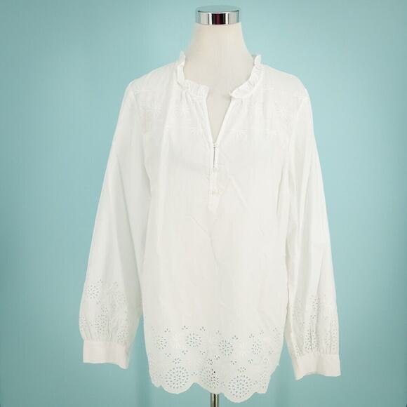 Talbots Tops - Talbots Size XL White Eyelet Embroidered Hem Detail Split V Neck Long Sleeve Top